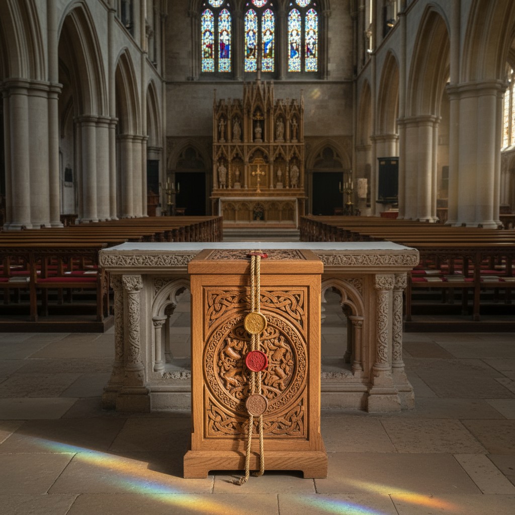 The table depicts the bare altar inside a church, flanked by rainbow reflections. The altar displays an ornately carved wo...