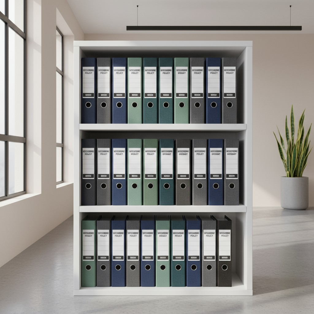 Public office shelving unit with binders in binders inside and closed blinds on window in courtroom located in side building.